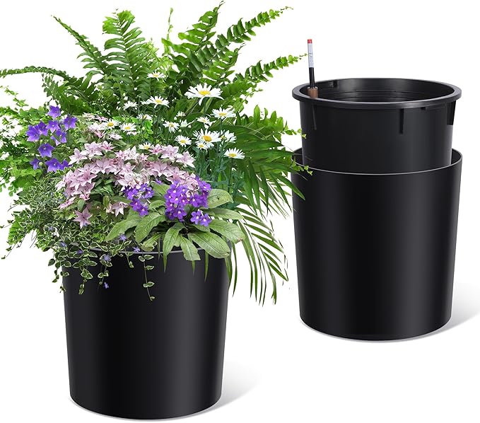 Tall Round Planter Set of 2, 19.5‘’ H x 19.9" Dia Large Planters for Indoor Plants with Built-in Drainage and a Water Level Monitor and Wheels for Patio, Porch, Living Room, or Home Office, Black-Ruum Studio Home