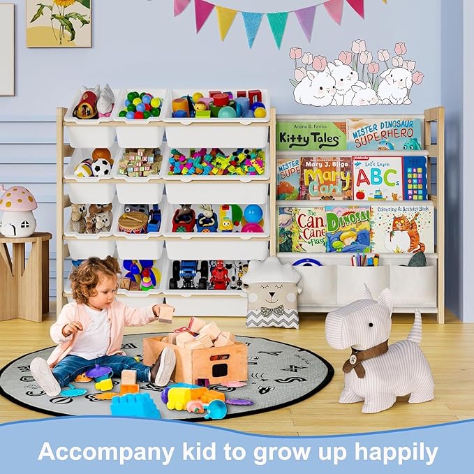 Large Toy Storage Organizer with Bookshelf, Toy Organizers and Storage with 12 Storage Bins, 4 Tier Multipurpose Toys Organizer Storage for Kids Room, Playroom, Nursery Room, White-Ruum Studio Home