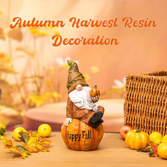 Topadorn Fall Garden Gnome Figurine Sitting on Pumpkin Statue Autumn Harvest Garden Gnomes Statue Figurine for Patio Yard Lawn Porch Decoration, Happy Fall-Ruum Studio Home