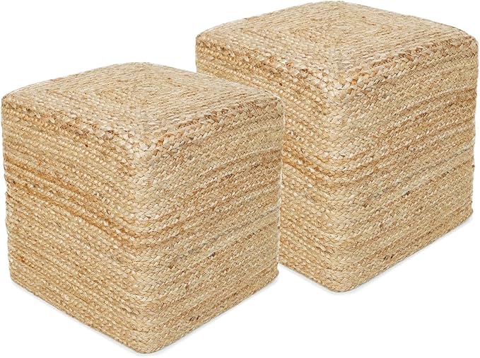 REDEARTH · Cube Pouf Foot Stool Ottoman - Jute Braided Pouffe Poof Accent Sitting - Set of 2 Footrest for The Living Room, Bedroom, Nursery, Patio, Lounge, Office - 14.5”x14.5”x16” - Natural-Ruum Studio Home