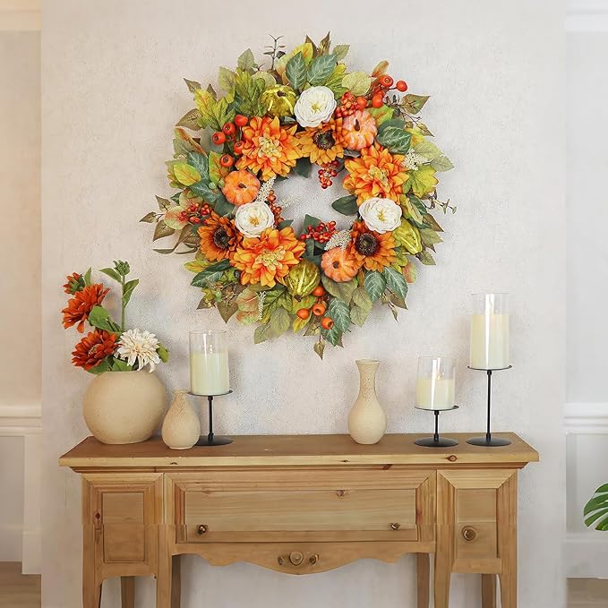 Fall Wreath for Front Door, 24 Inch Autumn Wreath with Pumpkins, Peony, Sunflowers & Dahlias, Fall Decorations for Home, Artificial Flowers Harvest and Thanksgiving Indoor & Outdoor-Ruum Studio Home