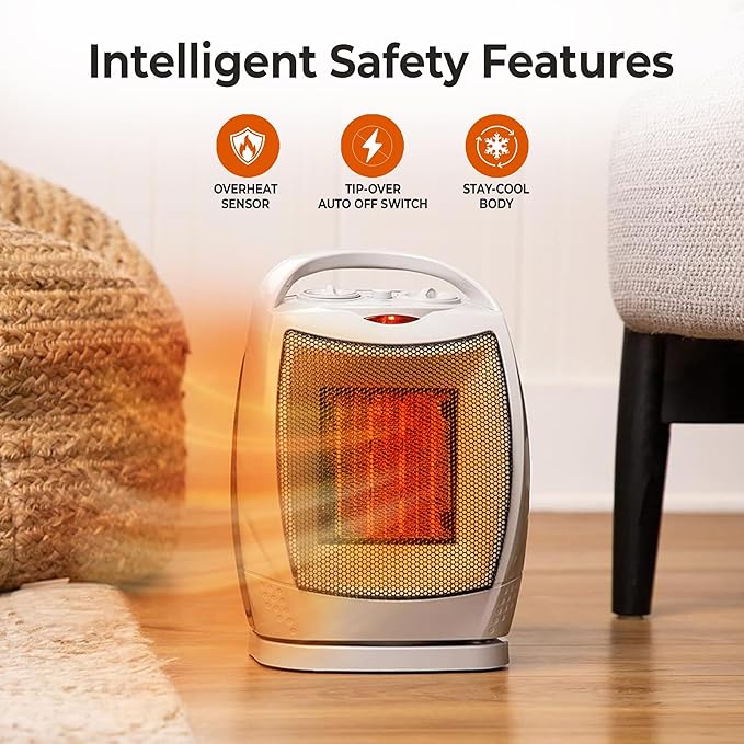 Comfort Zone Oscillating Indoor Space Heater, Portable, Ceramic, Electric, Energy-Efficient, Adjustable Thermostat, Tip-Over Switch, Overheat Protection, Ideal for Home, Bedroom, Office, 1500W, CZ449E-Ruum Studio Home