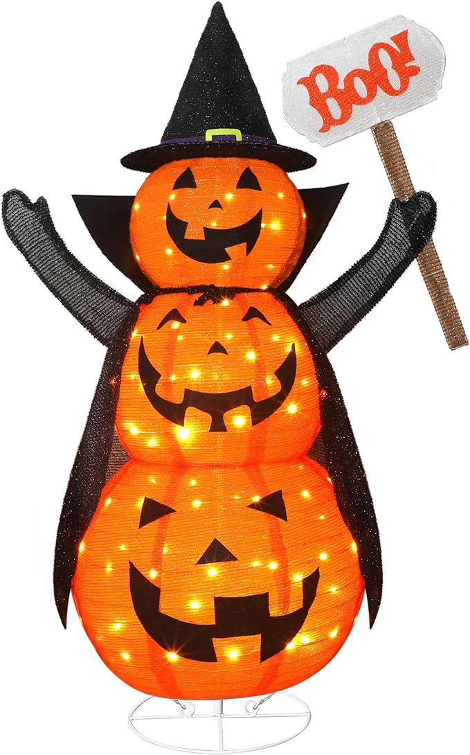 Halloween Decoration 4.3FT Retractable Jack-O-Lantern, 100 LED Collapsible Pumpkin Lantern with Black Star Hat, Plug in Halloween Lights with Stand for Indoor Outdoor Lawn Backyard Garden Decor-Ruum Studio Home