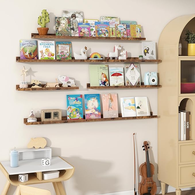 Fun Memories Picture Ledge Shelves Set of 2, 36 Inch Rustic Wall Mounted Floating Shelves with Lip for Home Storage and Décor in Bathroom, Kitchen, Nursery, Bedroom, Living Room, Brown-Ruum Studio Home