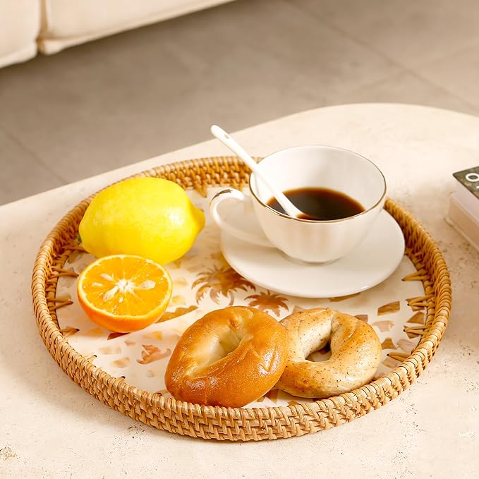 Round Rattan Tray with Mother of Pearl Inlay & Wooden Base - Decorative Wicker Serving Tray for Coffee/Bread/Fruits, Food Storage & Display - Multipurpose Home Decor (L,Island)-Ruum Studio Home