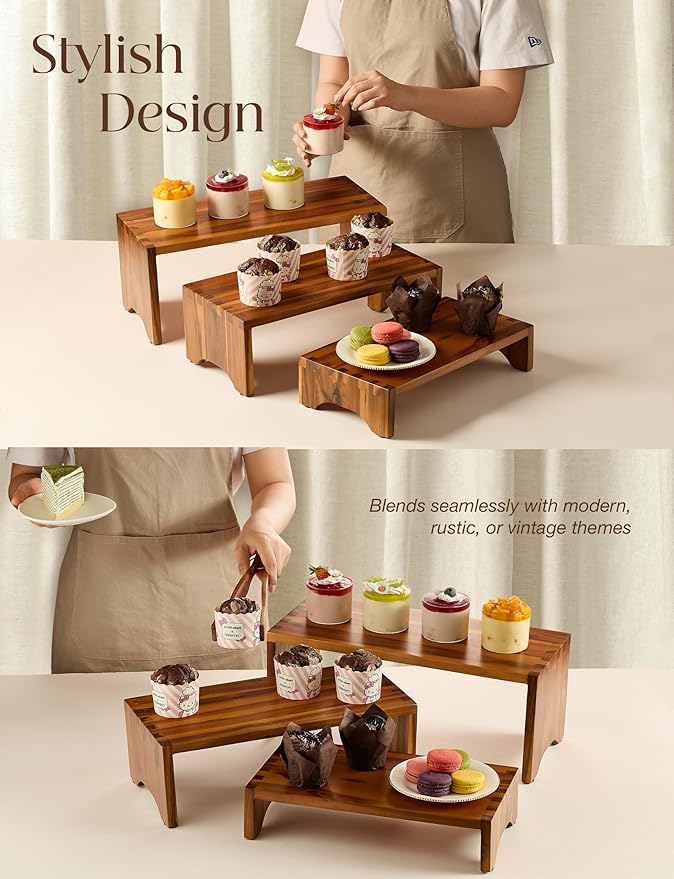 Acacia Wood Risers Display Stands Set of 3 - Wooden 3 Tier Cupcake Stand - 3 Tiered Riser for Vendors - Decorative Display Risers for Food Desserts Stand, Perfume, Funko POP at Party Wedding-Ruum Studio Home