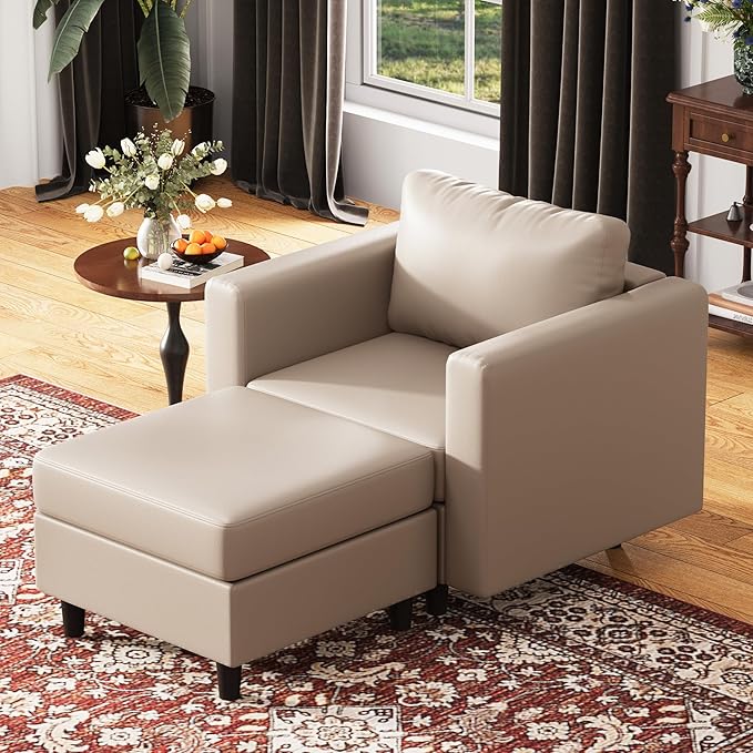 Faux Leather Single Sofa with Storage Ottoman, Modern Accent Chair Deep Seat Large Reading Armchair, Chaise Lounge Chair for Living Room Bedroom Office Whitesand-Ruum Studio Home