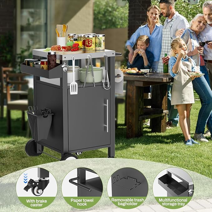 KEIKI Outdoor Grill Cart with Storage and Wheels, Rolling BBQ Prep Table with Spice Rack, Hooks, and Side Handles, Black Metal Bar Cart for Patio Kitchen and Grilling Accessories-Ruum Studio Home