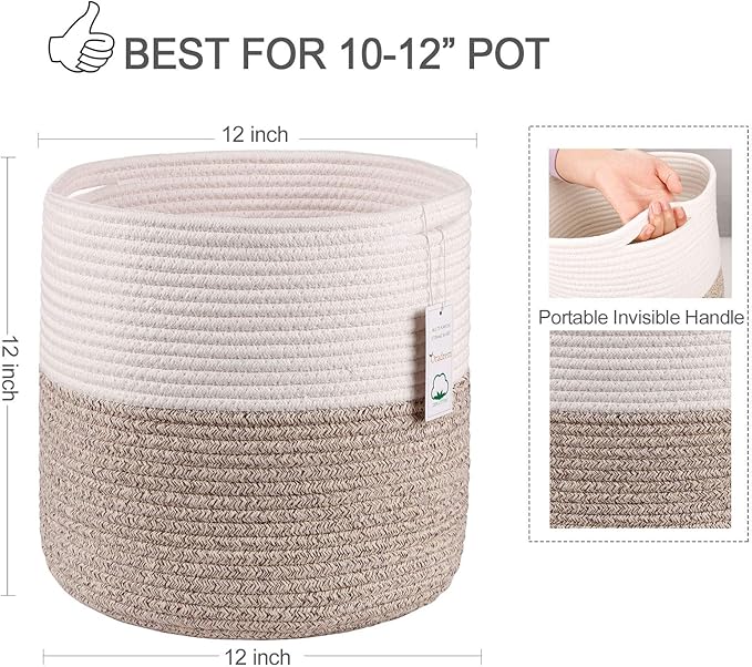 Woven Cotton Rope Plant Basket for 11 inch Flower Pot Floor Indoor Planters,Decorative Small Basket for Plants Storage Organizer Modern Home Decor (12" x 12", Khaki)-Ruum Studio Home