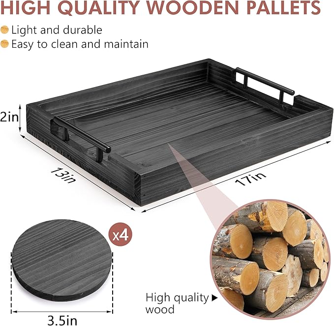 Dark Grey Coffee Table Decorative Serving Tray with Handles & 4 Coasters - 17x13 Inch Wood Tray for Ottoman, Breakfast, Wooden Tray-Ruum Studio Home
