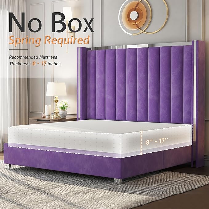 Jocisland Queen Bed Frame with 58" Tall Headboard, Velvet Upholstered Platform Bed with Channel Tufted Wingback Headboard and Plating Trim, No Box Spring Needed, Purple-Ruum Studio Home