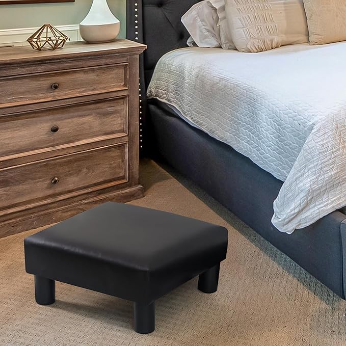 Joveco Small Footstool Ottoman, PU Leather Square Upholstered Footrest with Plastic Legs, Under Desk Foot Stools for Living Room Bedroom Office, Black-Ruum Studio Home