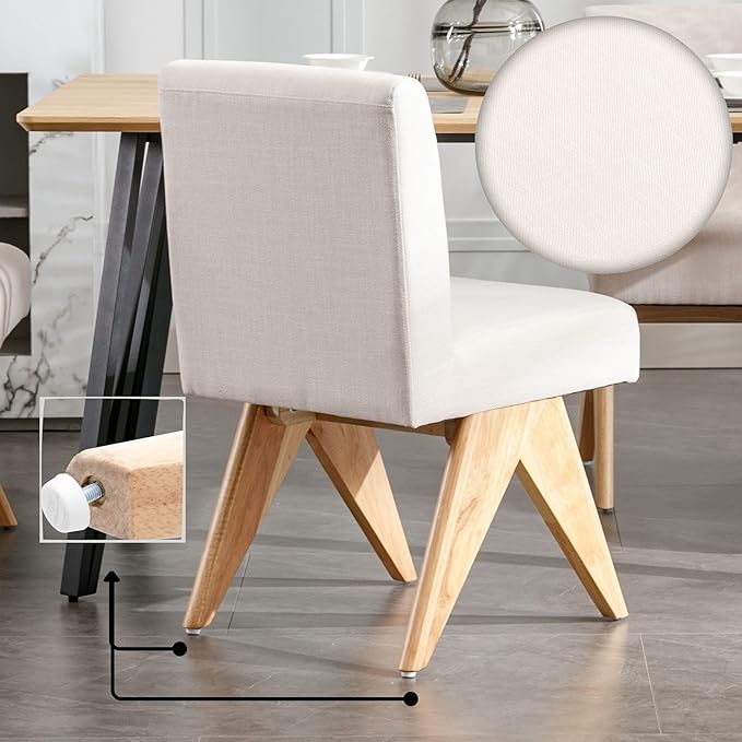 Mid Century Modern Farmhouse Dining Chairs Set of 2, Upholstered Armless Kitchen Chairs with Back and Wooden Legs, Linen Beige-Ruum Studio Home