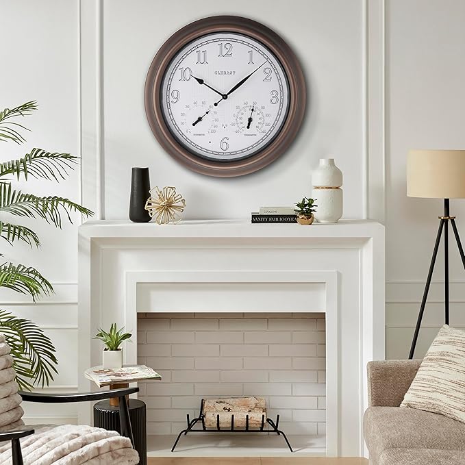 CLXEAST 18 Inch Illuminated Outdoor Indoor Atomic Analog Wall Clock with Temperature & Humidity, Lighted Outdoor Clocks for Patio Large Waterproof with Thermometer,Bronze Finish,House Warming Gifts-Ruum Studio Home