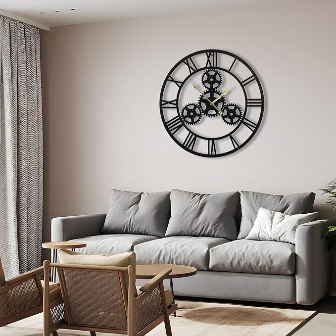 24inches/60cm Wall Clocks for Living Room Deco Non Ticking Silent Battery Operated Metal Modern Vintage Roman Numeral Oversized Gear Wall Clocks for Bedroom Kitchen Fireplace Office Farmhouse-Ruum Studio Home