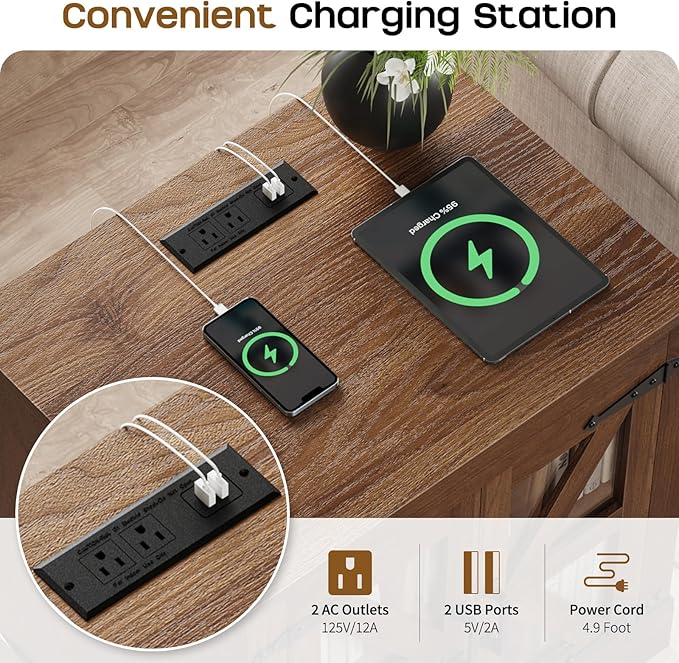 Farmhouse Side Table - 24" Large Night Stand Set 2, Wood Nightstand with Charging Station, Bedside Table with Adjustable Shelf, End Tables Living Room, Rustic Bed Side Tables Bedroom, Walnut-Ruum Studio Home