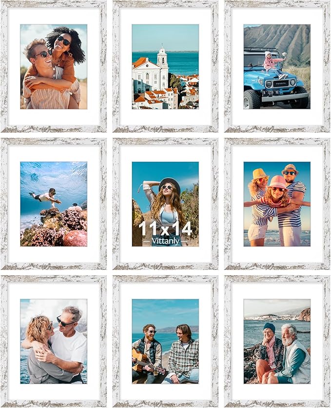 Vittanly 11x14 Picture Frames Set of 9, Shatter Resistant Plexiglass, Display 8x10 Pictures with Mat or 11x14 without Mat, Photo Frames for Wall or Tabletop, Engineered Wood, Distressed White-Ruum Studio Home