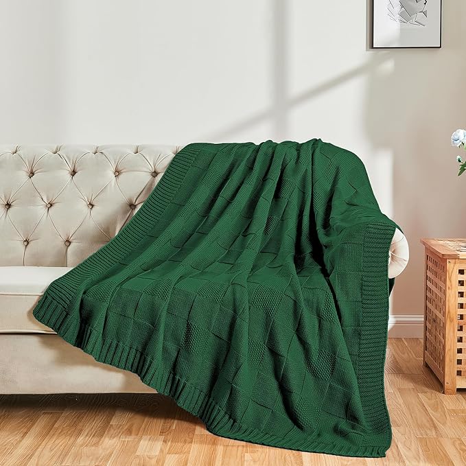 CozeCube Knit Throw Blanket, Green Checkered Throw for Couch, Soft Cozy Warm Knitted Blanket for Bed Sofa Living Room, 60"X80", Forest Green-Ruum Studio Home