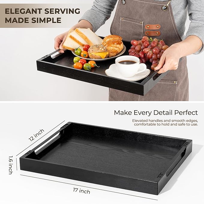 Axeman Wooden Serving Tray with Metal Handles|Ottoman Tray for Breakfast, Bed, Couch|17x13in Ash Wood Coffee Table Trays|Food Drinks Decorative Storage Boards for Ottoman Kitchen, Black-Ruum Studio Home