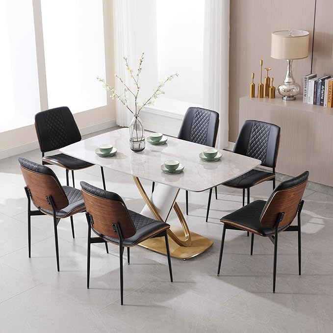 BV Dining Chairs Set of 6, PU Leather Armless Kitchen Chair in Modern Walnut Style, Mid Century Bentwood Side Chair with Metal Legs, Retro Accent Guest Chair for Kitchen Dining Room(Black)-Ruum Studio Home
