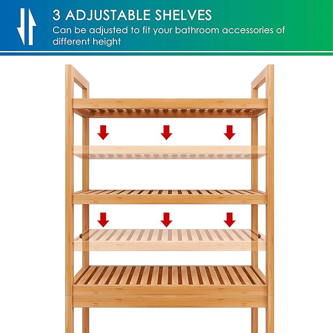 SMIBUY Bathroom Storage Shelf, Bamboo Over-The-Toilet Organizer Rack, Freestanding Toilet Space Saver with 3-Tier Adjustable Shelves (Natural)-Ruum Studio Home
