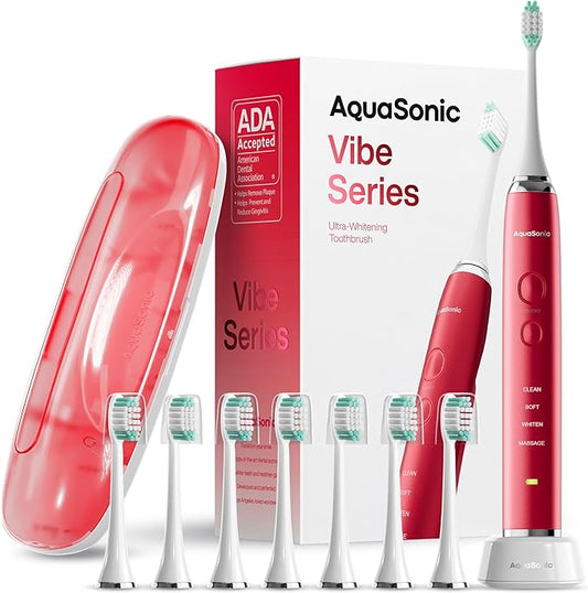 Aquasonic Vibe Series Ultra-Whitening Toothbrush – ADA Accepted Electric Toothbrush - 8 Brush Heads & Travel Case – 40,000 VPM Motor & Wireless Charging - 4 Modes w Smart Timer – Ruby-Ruum Studio Home