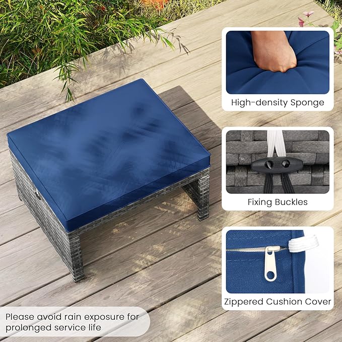 Tangkula 2 Pieces Patio PE Rattan Ottomans, Multipurpose Outdoor Footstool Footrest Additional Seating Side Table with Soft Zippered Cushions for Deck, Garden, and Yard (Navy Blue)-Ruum Studio Home