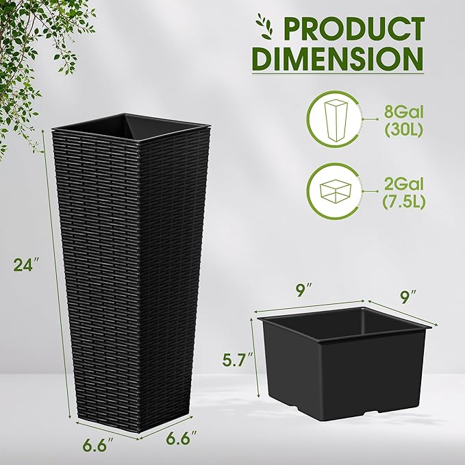 Devoko Resin Tall Planters for Outdoor Plants Set of 2, Large Taper Outdoor Planter Pots with 4 Drainage Holes, Flower Pots Modern Decor for Porch, Patio, Backyard, Home Garden (Black, 24")-Ruum Studio Home