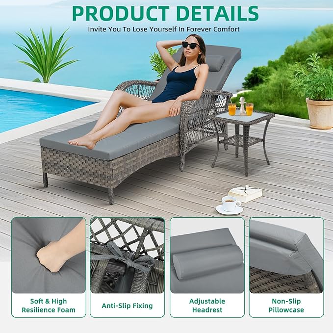 VIVIJASON Outdoor Wicker Chaise Lounge Chair, All-Weather PE Rattan Cushioned Patio Lounger Set with Side Table, 6-Position Adjustable Outside Pool Sunbathing Recliner with Armrest & Pillow, Gray-Ruum Studio Home