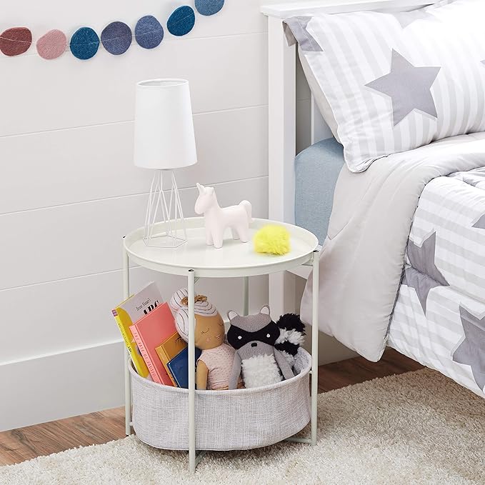 Amazon Basics Round Storage End Table, Side Table with Cloth Basket, White/Heather Gray, 17.7"L x 17.7"W x 18.9"H-Ruum Studio Home