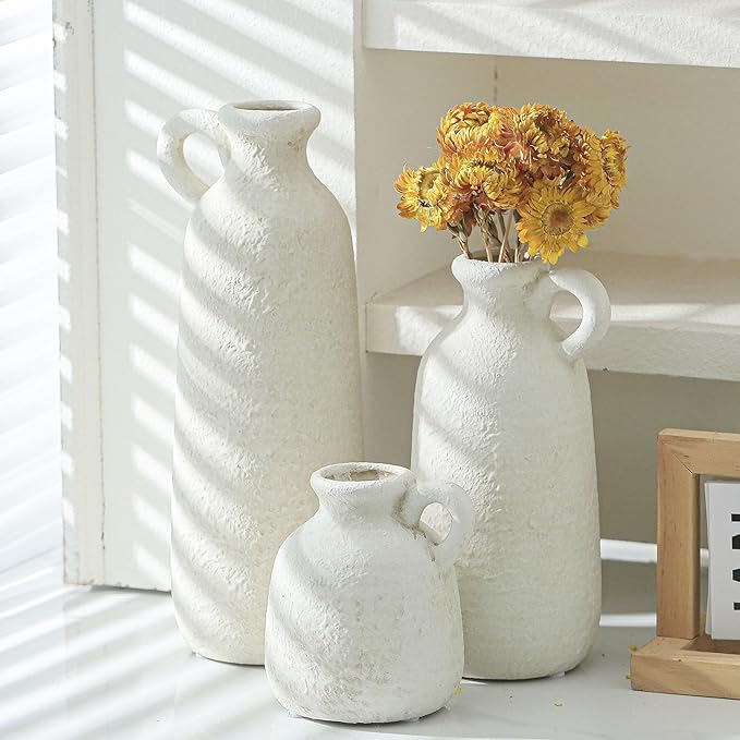 Ceramic Vase Set of 3 with Handle, Neutral Rustic Vases Home Decor Farmhouse Decorative Vase Whitewashed Pottery Decor Modern for Table Mantel Entryway Bookshelf Living Room Kitchen Bedroom - White-Ruum Studio Home