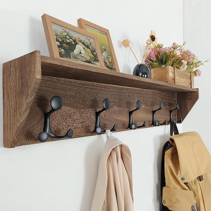 SKOLOO Wall Shelf with Hooks, 35-Inch Weathered Brown Coat Rack Wall Mount with Shelf Organizer - Lightweight & Sturdy, 5 Tri Hooks - Perfect for Entryway, Hallway, Living Room, Bedroom, Mudroom-Ruum Studio Home