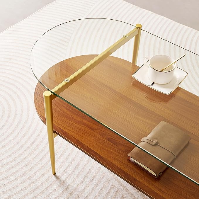 Oval Glass Coffee Table, Mid-Century Modern Design, L41 x W21 x H17 inch, for Living Room, 2-Tier Structure, Clear Glass Top and Walnut Finish Wood Shelf, Conical Legs with Gold Finish Frame-Ruum Studio Home
