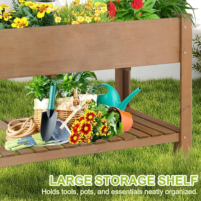 Raised Garden Bed with Legs - Elevated Wooden Planter Box, Durable Fir Wood, Reinforced Frame with Drainage Holes, Liner, and Storage Shelf for Vegetables, Herbs, Flowers, 47" x 23" x 30"-Ruum Studio Home