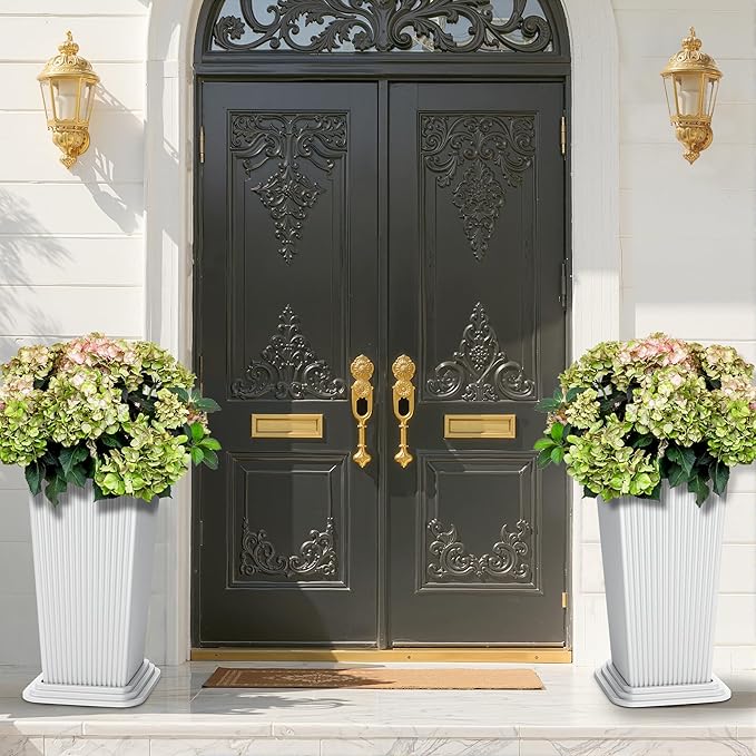 FENCY Set of 2 Tall Planters for Outdoor Plants, 24 Inch Large Tapered Pots with Drainage Trays, Weather-Resistant Plastic Plant Containers for Patio, Porch, Garden, Front Door Decor,White, Striped-Ruum Studio Home