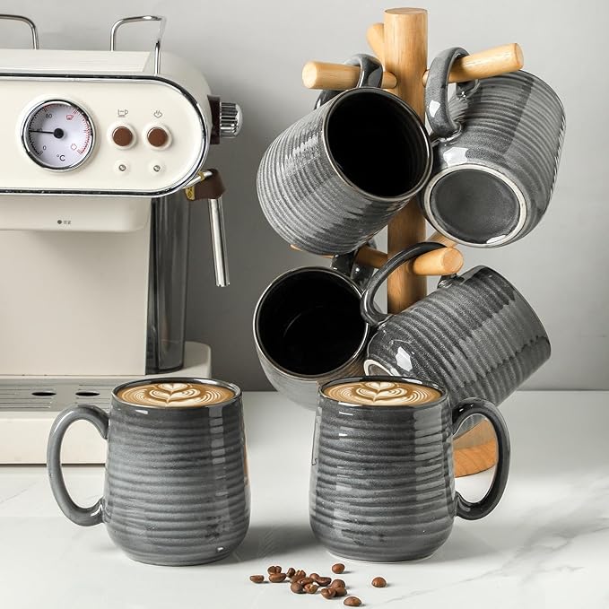 Hasense Ceramic Coffee Mugs - 15 OZ Large Coffee Cups Set of 6 with Handle for Hot Beverages, Porcelain Latte Mugs for Tea, Milk, Cocoa, Cappuccino and Mocha, Microwave and Dishwasher Safe, Grey-Ruum Studio Home
