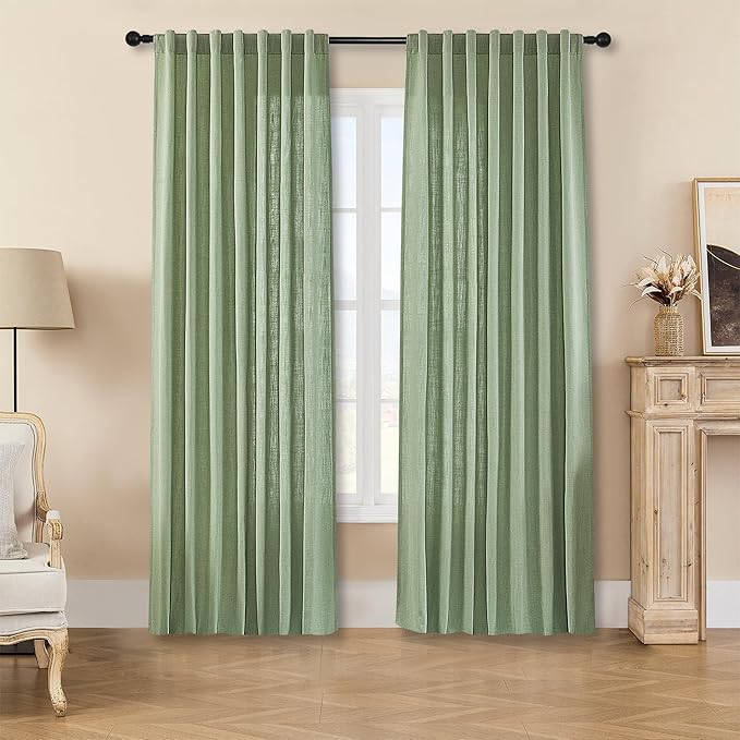Joydeco Linen Curtains for Living Room,Light Filtering Rod Pocket Back Tab Semi Sheer Drapes Window Long Curtains 90 inches Long Sage Green-Ruum Studio Home