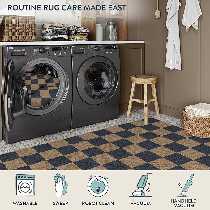Lahome Checkered Easy Jute Indoor Outdoor Carpet, 3x5 Washable Rugs for Entryway Living Room Farmhouse Area Rug, Non Slip Blue Checkerboard Indoor Door Mat for Entry Patio Deck-Ruum Studio Home