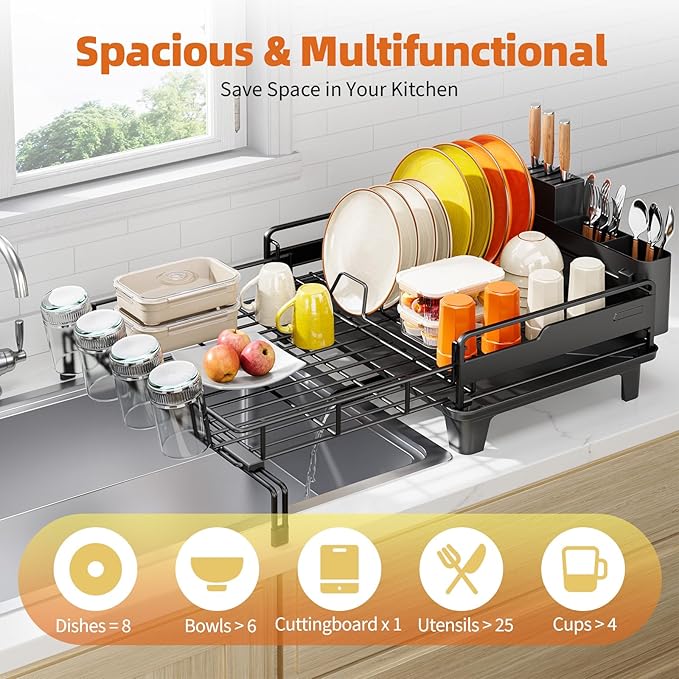 Extendable Dish Drying Rack, Multifunction Dish Rack for Kitchen Counter, Expandable Dish Drainer Over Sink, Large Dish Strainer with Cups Holder, 1 Tier Black-Ruum Studio Home
