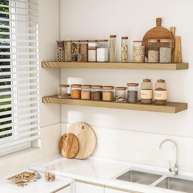 RICHFOCUS 55Inch Floating Shelves for Wall 2 Pack Shelves for Bedroom|Kitchen|Bathroom Wall Mounted Rustic Wood Floating Shelf with Invisible Brackets for Books|Storage|Decor, Oak-Ruum Studio Home
