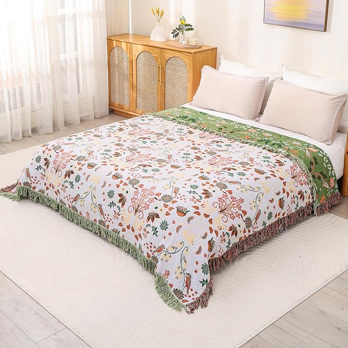 Boho Throw Blanket 80"x90", 100% Cotton Ultra Soft Luxury Throw for Couch and Sofa Blankets Home Decor, All Season Florals and Animals Throw Reversible Breathable Cozy Blankets-Ruum Studio Home