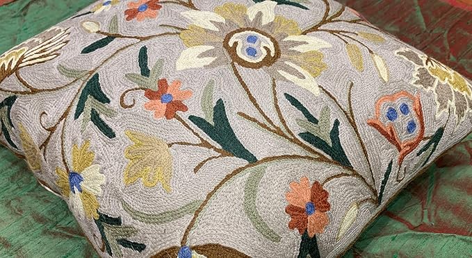 Beige Floral Pillow Cover Taupe Flower Traditional Hand Embroidered Pillowcase Traditional Outdoor Cushion Suzani Couch Flowery Needlepoint Chair Cushion Wool Size - 18x18-Ruum Studio Home