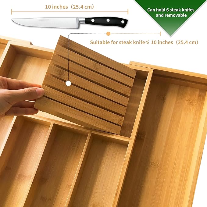VaeFae Bamboo Silverware Drawer Organizer Kitchen, Expandable Utensil Organizer with Knife Block, Cutlery Tray with Divider, Multifunctional Wooden Drawer Organizer-Ruum Studio Home