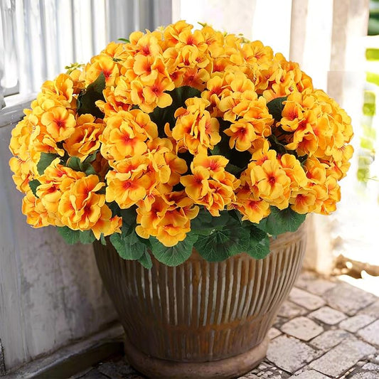 Hananona 12 Pcs Artificial Geranium Flowers for Outdoors Geranium Silk Yellow Flowers Outdoor UV Resistant Garden Plants Faux Fall Flower for Home Kitchen Table Centerpieces Decor (12, Yellow)-Ruum Studio Home
