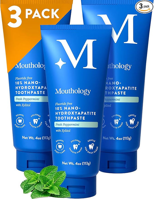 Mouthology 10% Nano Hydroxyapatite Toothpaste (3pk, Fluoride Free), Whitening*, Supports Enamel Care*, Appropriate for Sensitive Teeth*, SLS Free, Xylitol nHA Toothpaste Adults, Mint 4oz (USA Made)-Ruum Studio Home