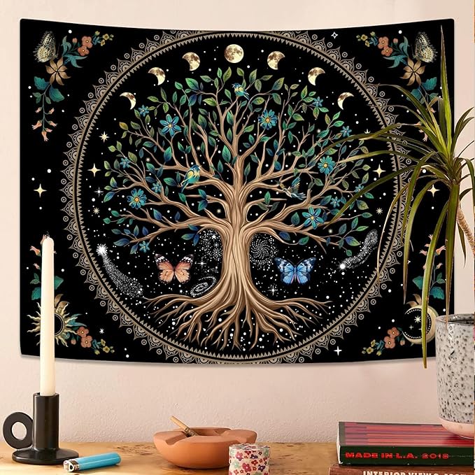 Lunerfex Tree of Life Tapastry Sun and Moon Tapastry Flower Boho Tree Mandala Wall Hanging for Bedroom and Living Room Decor Green Tree 36×48 Inches-Ruum Studio Home