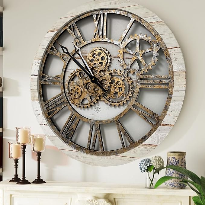 The Gears Clock The Original Real Moving Gear Wall Clock Vintage Industrial Oversized Rustic Farmhouse (24 inch (60cm), Vintage Desert Beige and Bronze)-Ruum Studio Home