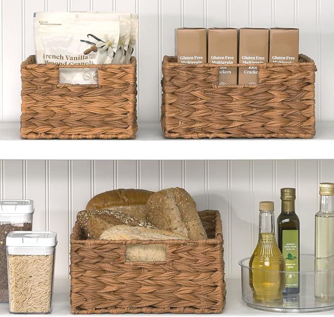 mDesign Woven Farmhouse Kitchen Pantry Food Storage Organizer Basket Bin Box - Container Organization for Cabinets, Cupboards, Shelves, Countertops - Store Potatoes, Onions, Fruit, 6 Pack, Camel Brown-Ruum Studio Home