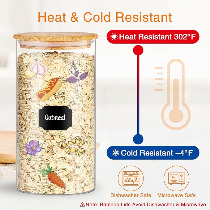 Glass Storage Jars 45 oz 4 Pcs Clear Glass Food Storage Containers with Airtight Bamboo Lid Stackable Kitchen Canisters for Candy, Cookie, Rice, Sugar, Flour, Pasta, Nuts-Ruum Studio Home