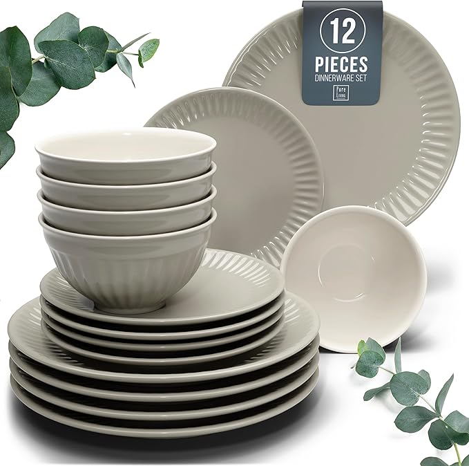 Stoneware Dinnerware Set for 4 People HYGGE 12-Piece - Elegant Scandi Design - Premium Dish Set - Bowl and Plate Set - Tableware for 4 People in a Ribbed Design - Pure Living in Light Brown-Ruum Studio Home
